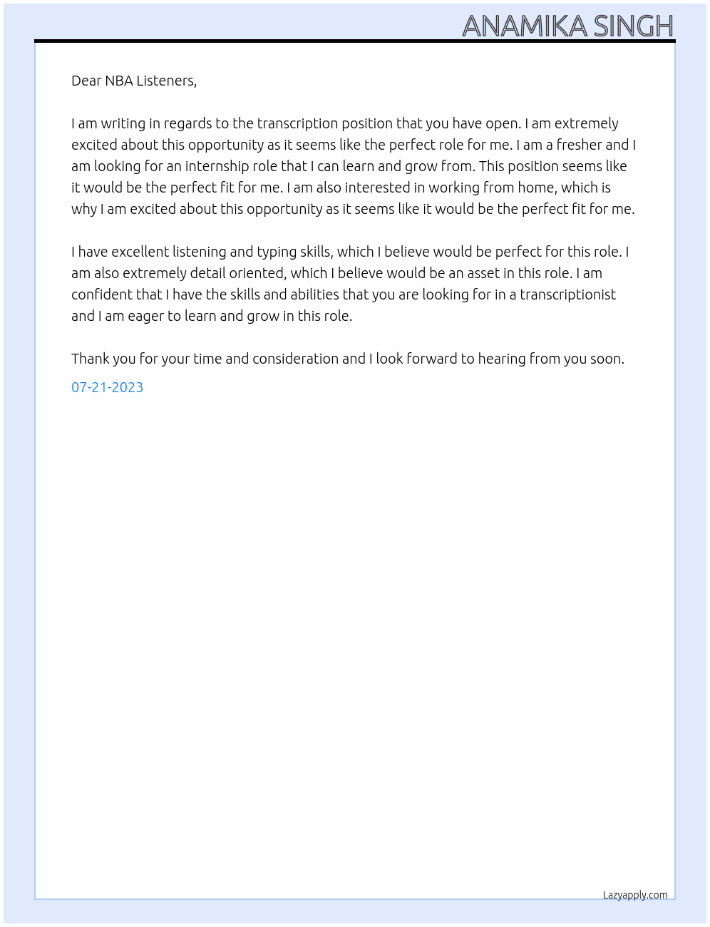 Transcription At NBA Listeners Cover Letter