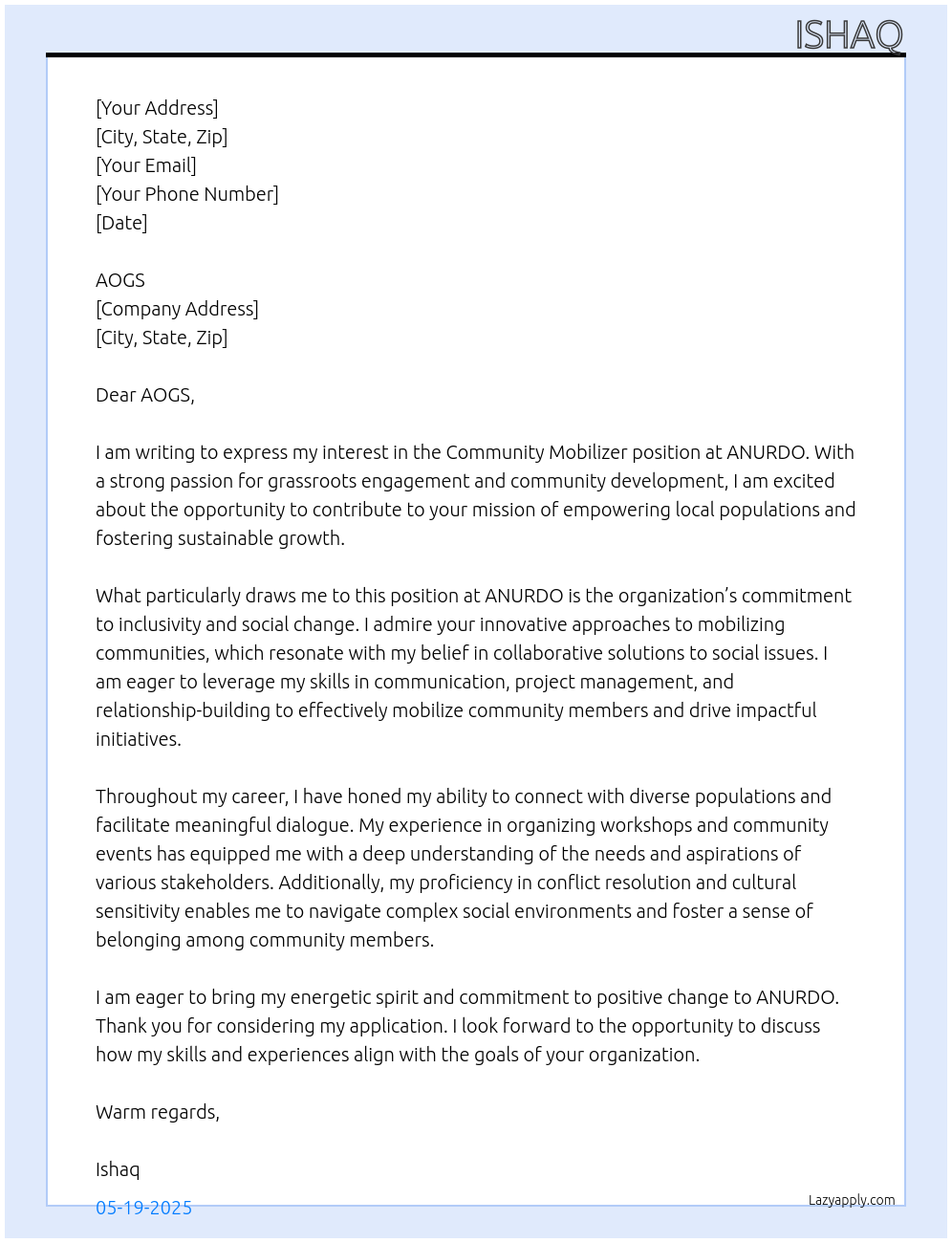 Community mobilizer At ANURDO Cover Letter