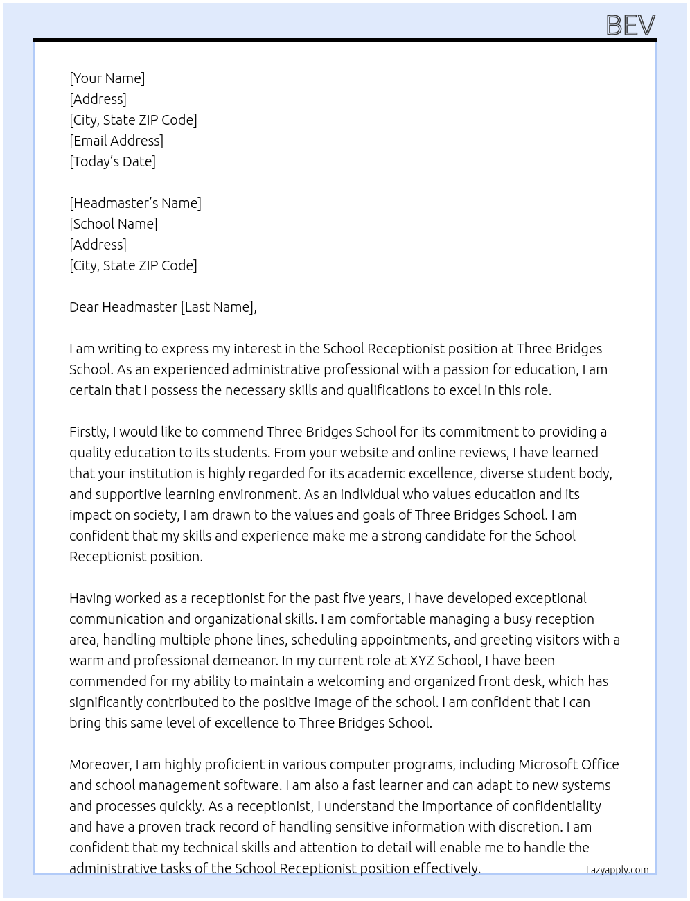 School Receptionist At Three Bridges School Cover Letter