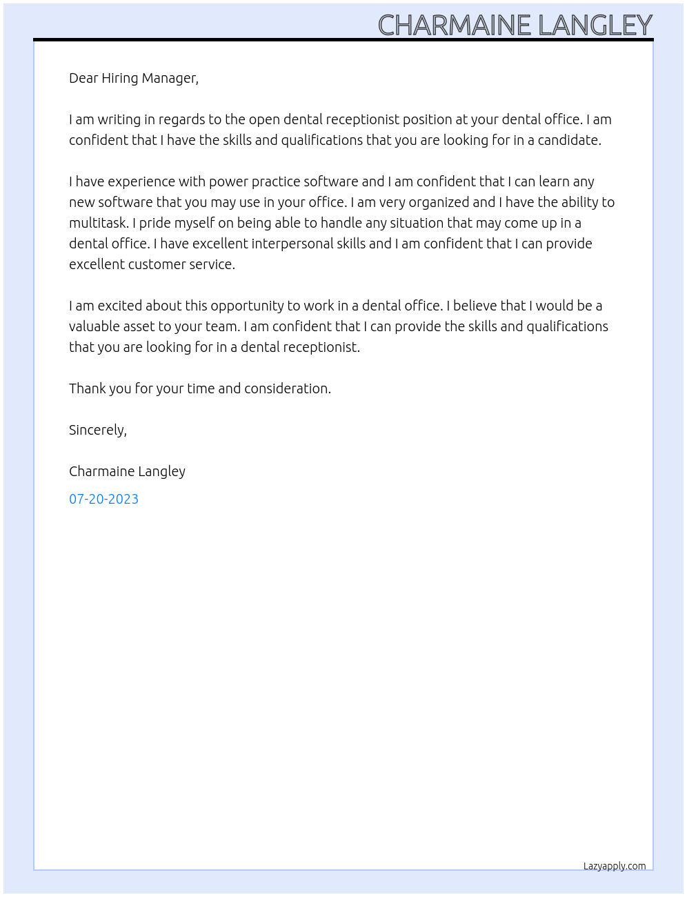 dental receptionist At dental office Cover Letter