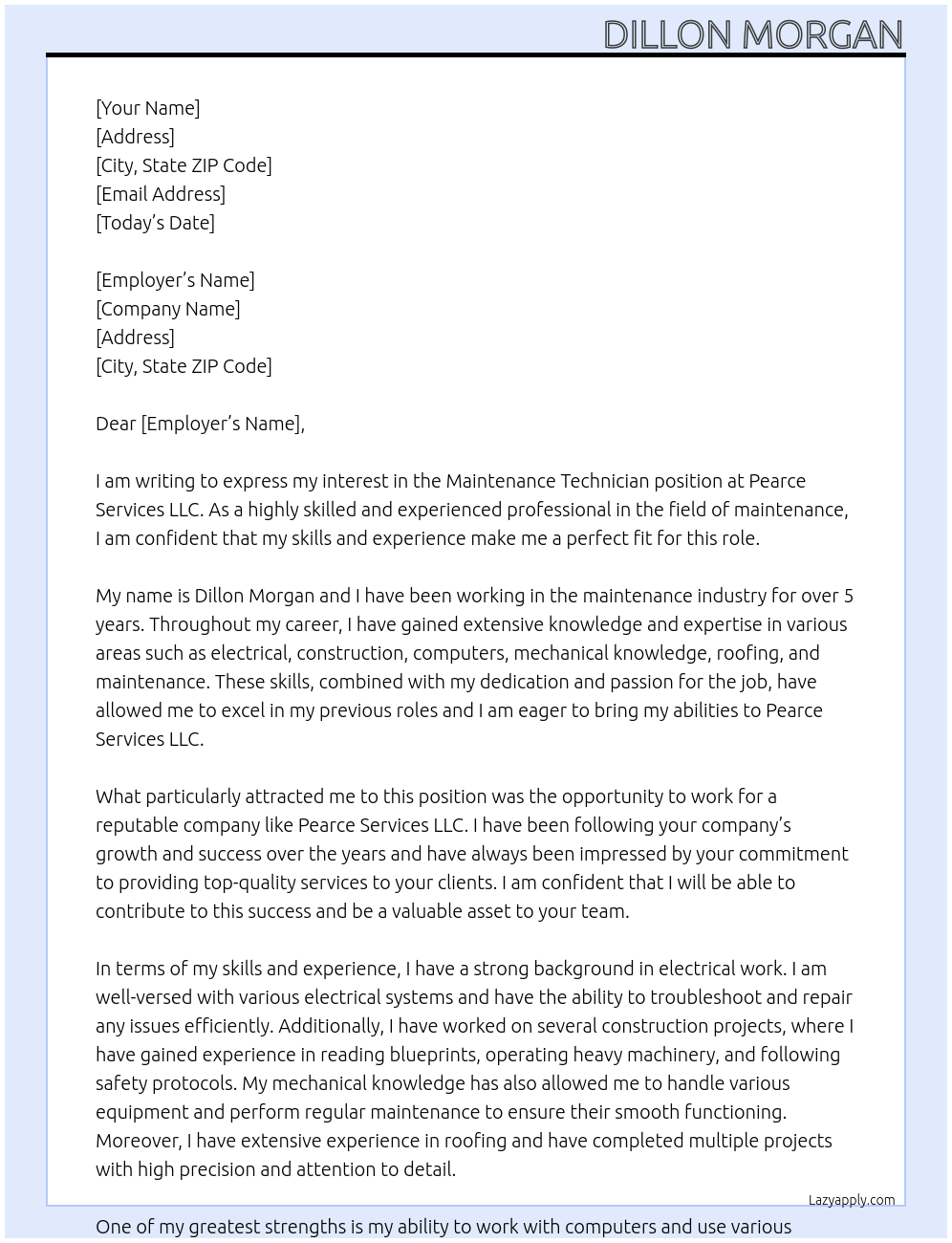 Maintenance technician At Pearce Services llc Cover Letter