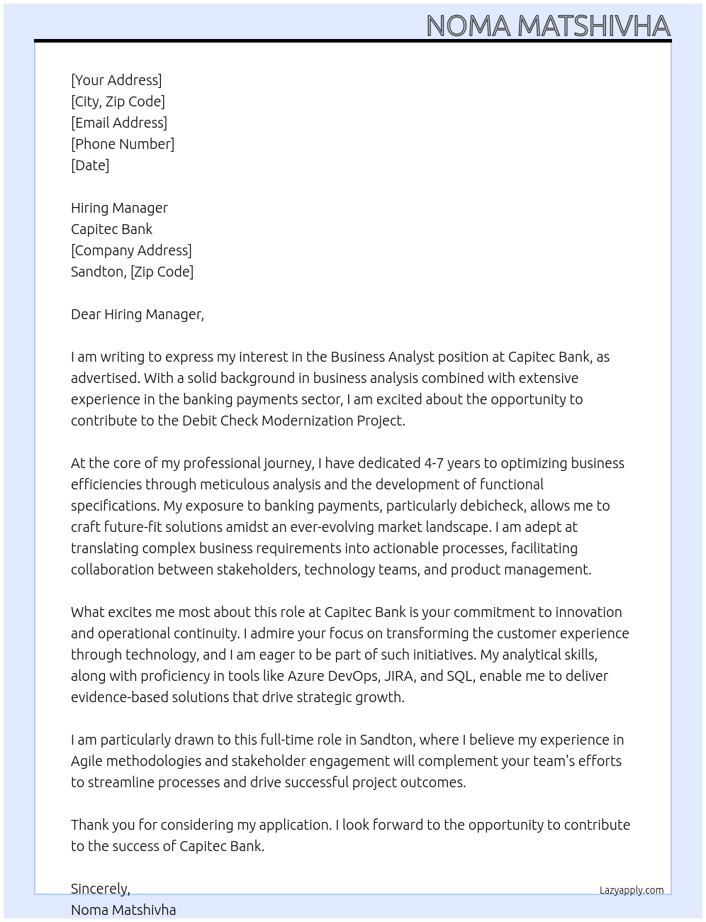 Business Analyst At Capitec Bank Cover Letter