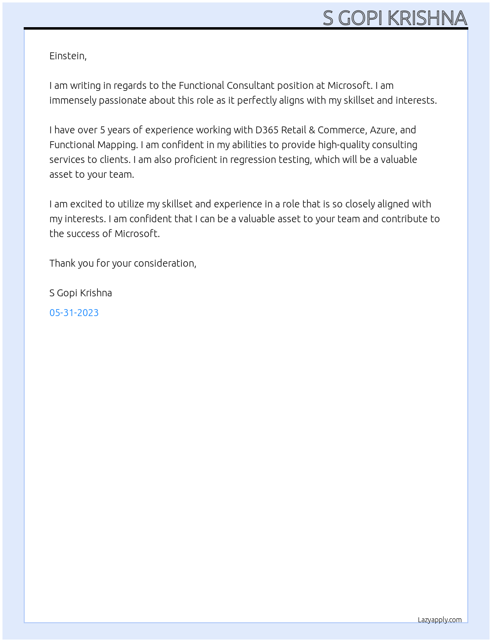 Functional Consultant At Microsoft Cover Letter