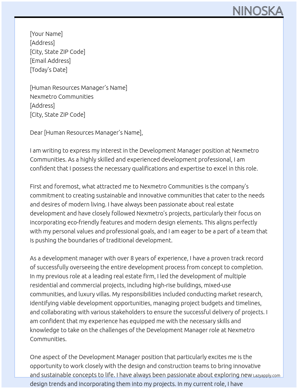 Development Manager At Nexmetro communities Cover Letter