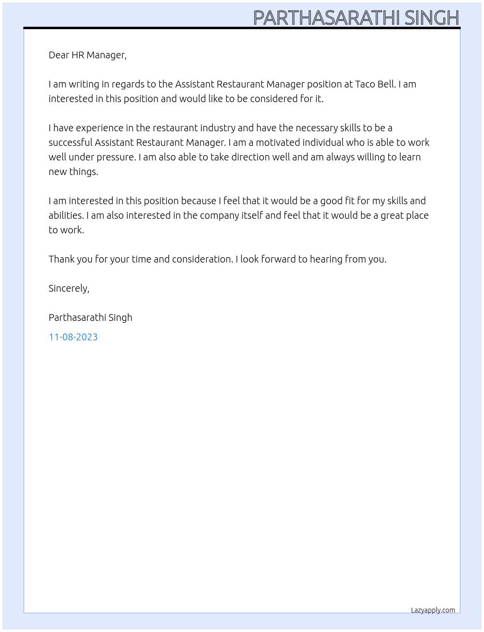 Assistant Restaurant Manager At Taco Bell Cover Letter