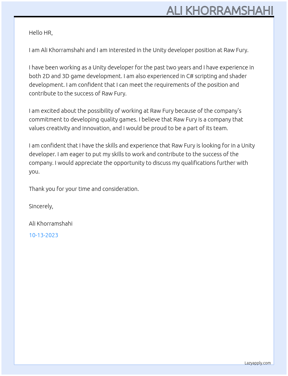 Unity developer At Raw Fury Cover Letter