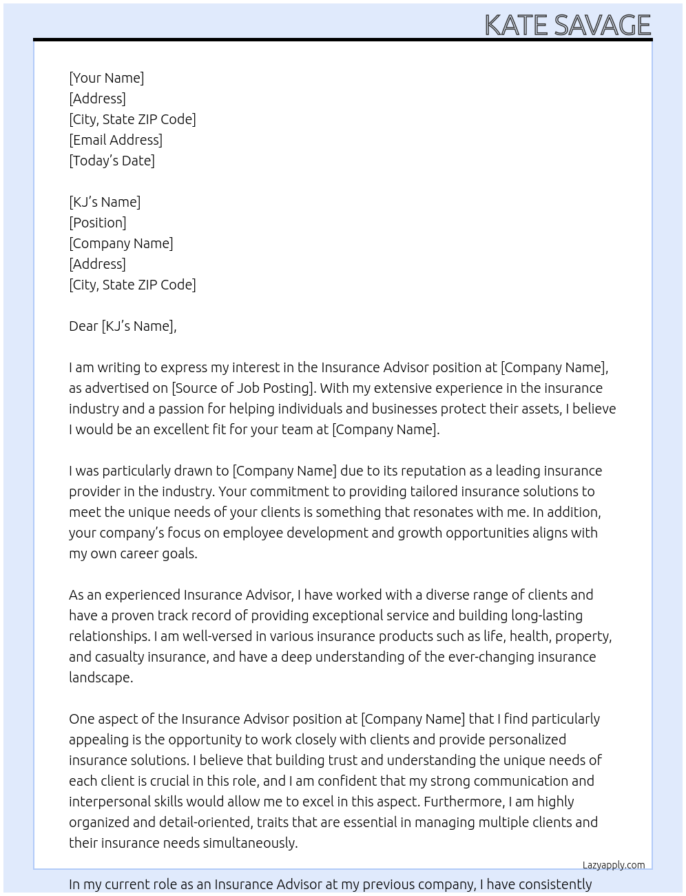 Insurance Advisor At dsi Cover Letter