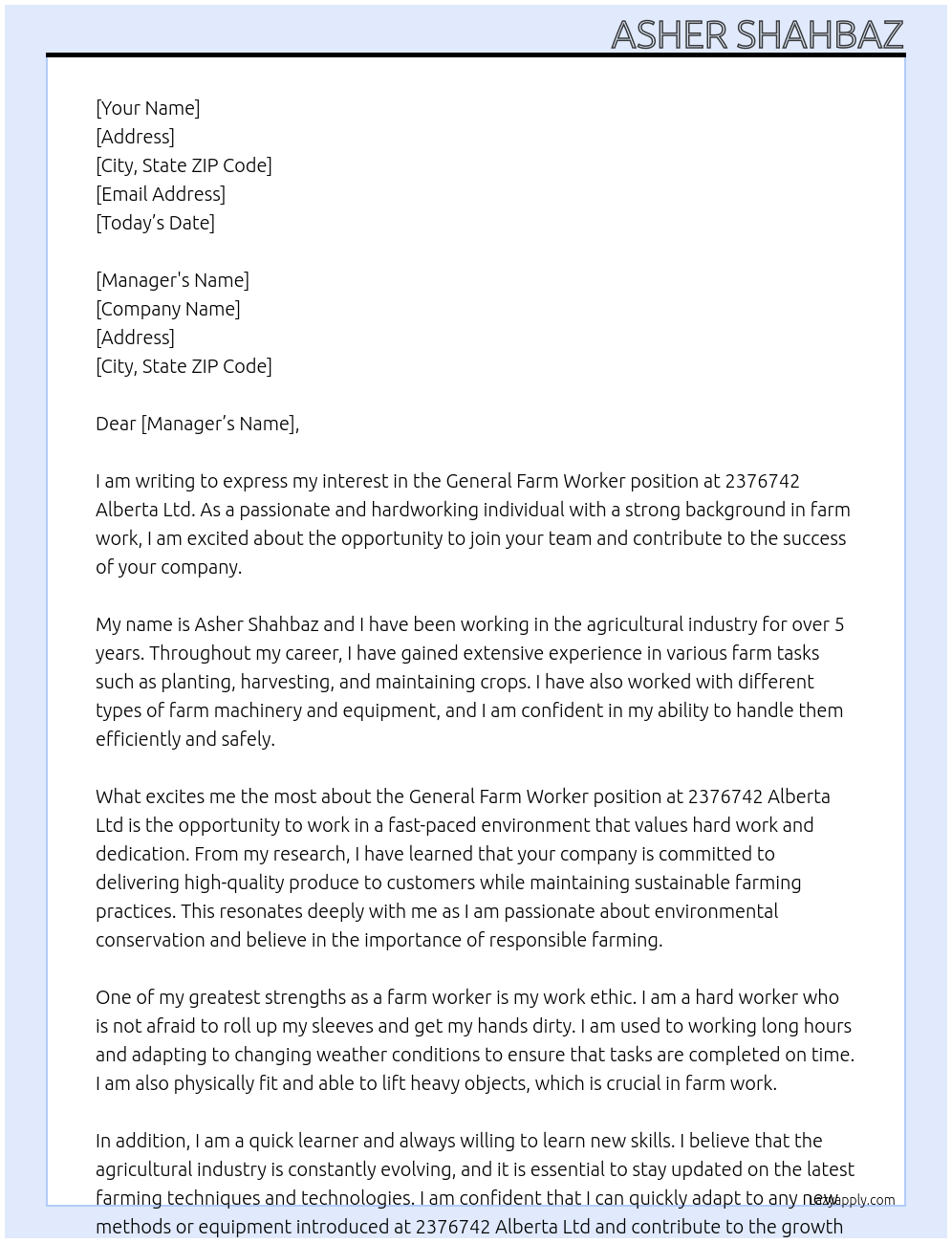 General Farm Worker At 2376742 Alberta Ltd Cover Letter