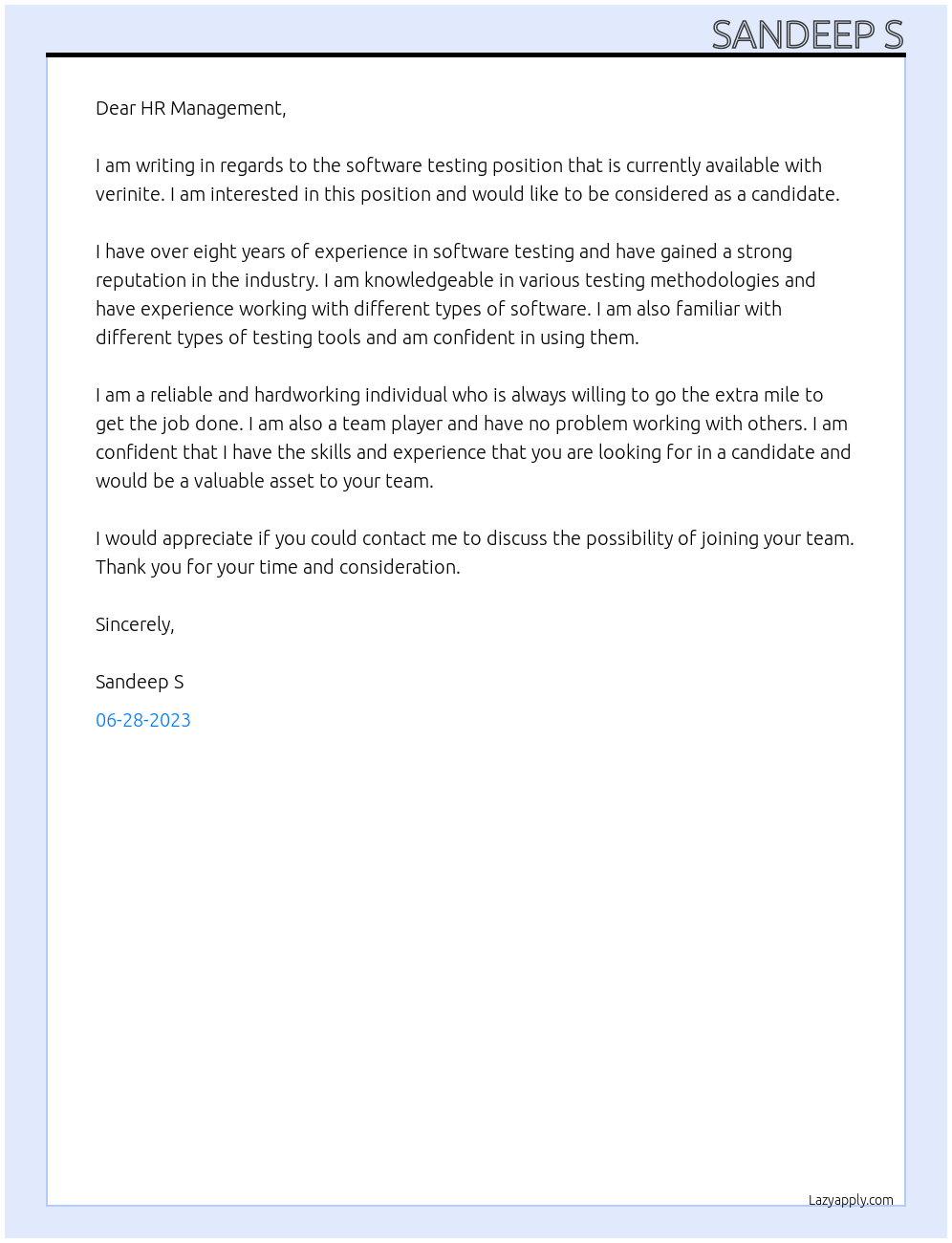 software testing At verinite Cover Letter