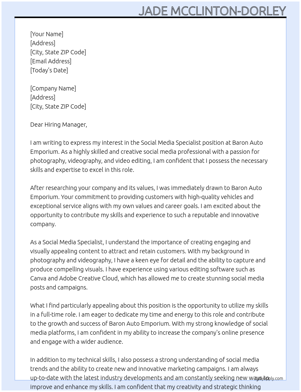 Social Media Specialist At Baron Auto Emporium Cover Letter