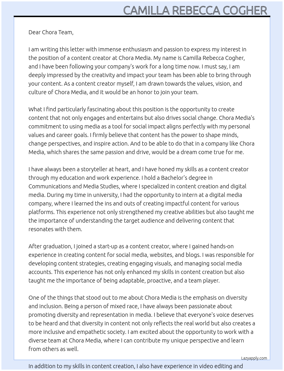 content creator At chora media Cover Letter