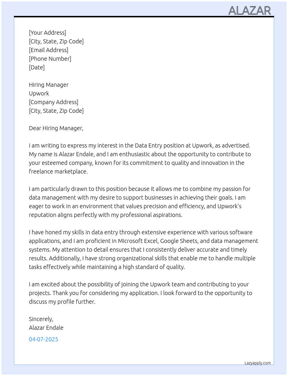 Data entry At Upwork Cover Letter