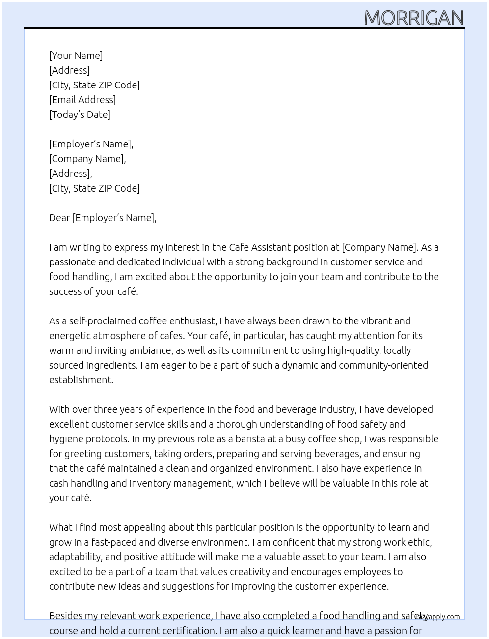 Cafe assistant At cafe Cover Letter