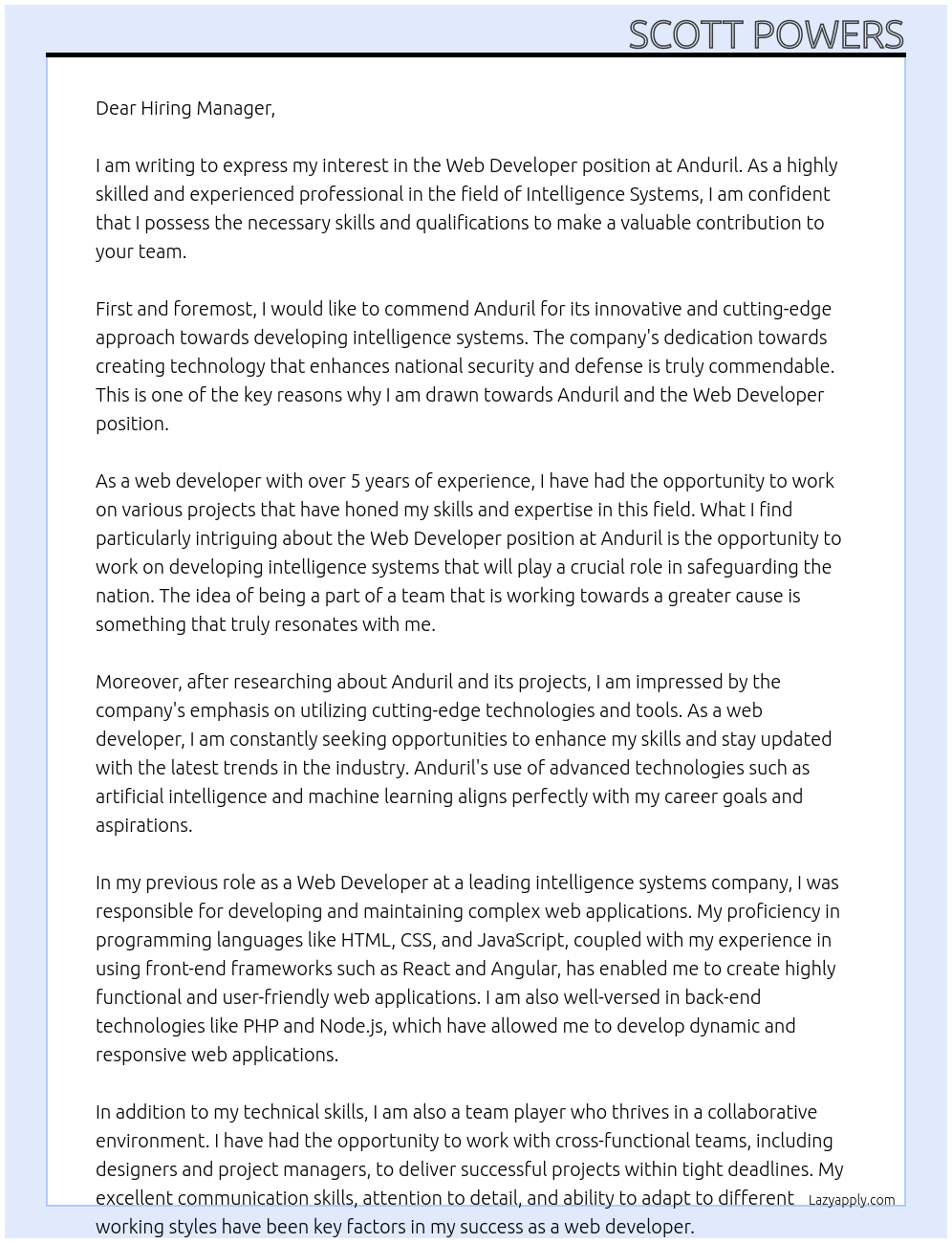 Cover letter for web developer, intelligence systems - LazyApply