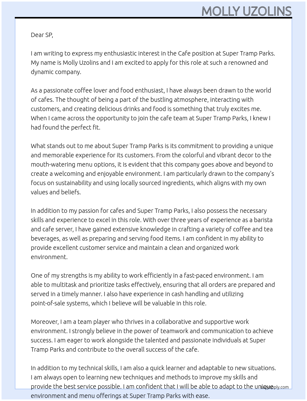 Cafe  At Super Tramp Parks Cover Letter