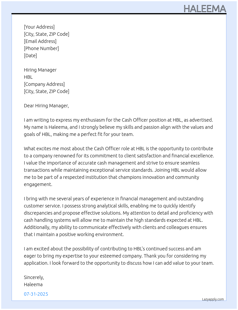 cash officer At HBL Cover Letter