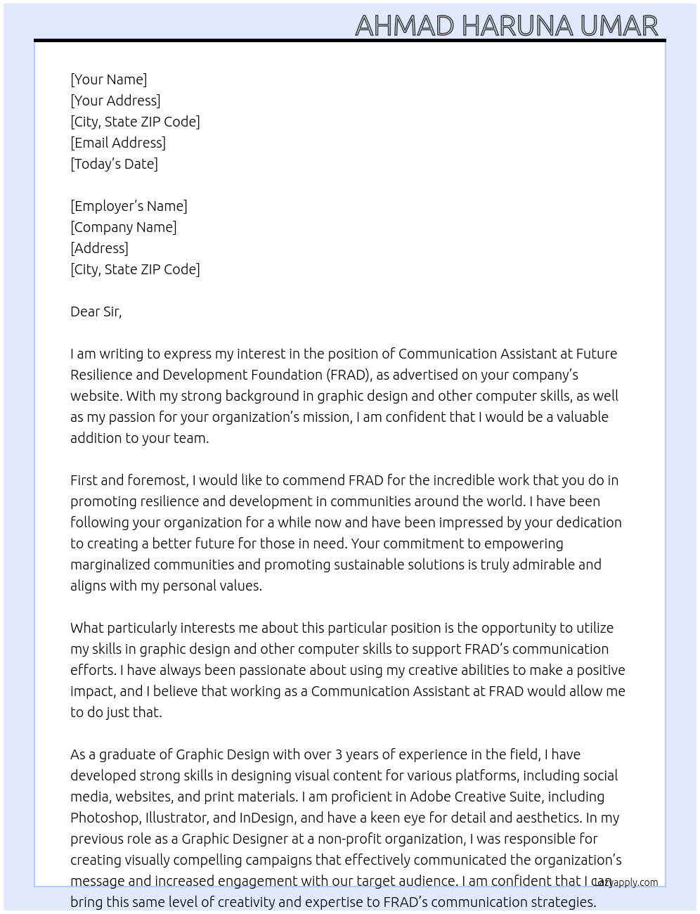 Communication Assistant  At Future Resilience and Development Foundation (FRAD) Cover Letter