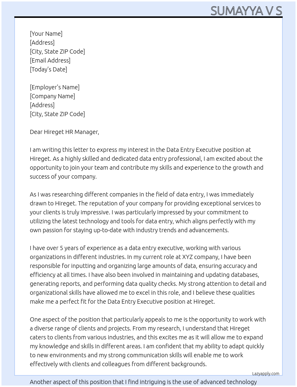Data Entry  Executive  At Hireget Cover Letter