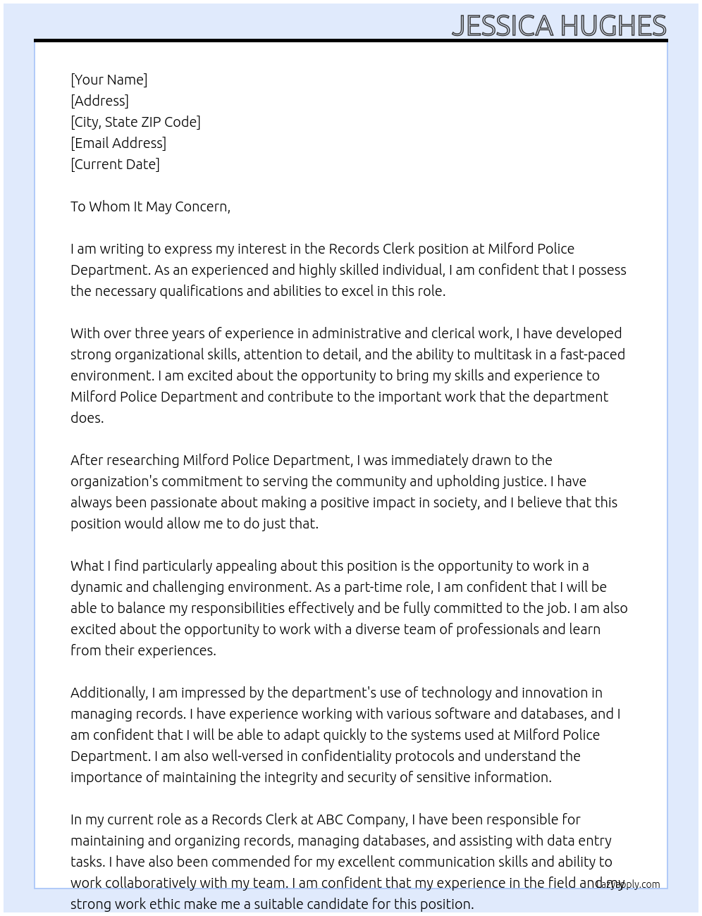 Records Clerk At Milford Police Department Cover Letter