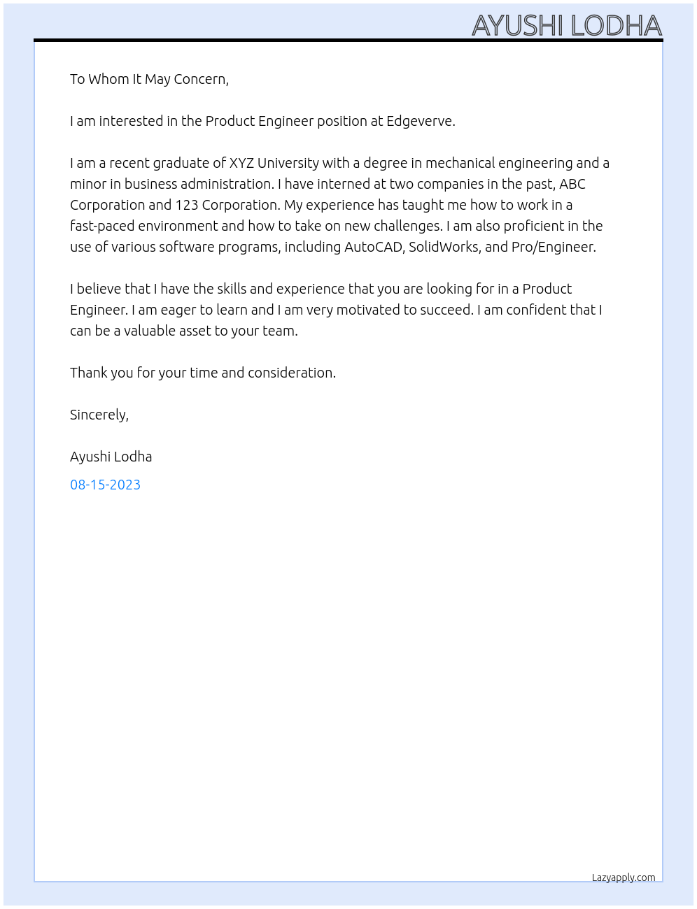 Product Engineer At Edgeverve Cover Letter