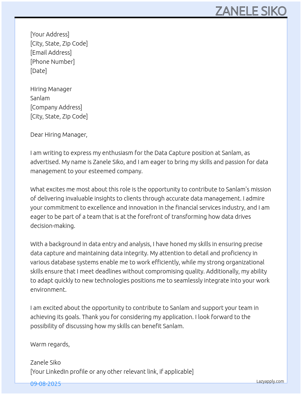 Data capture At Sanlam Cover Letter