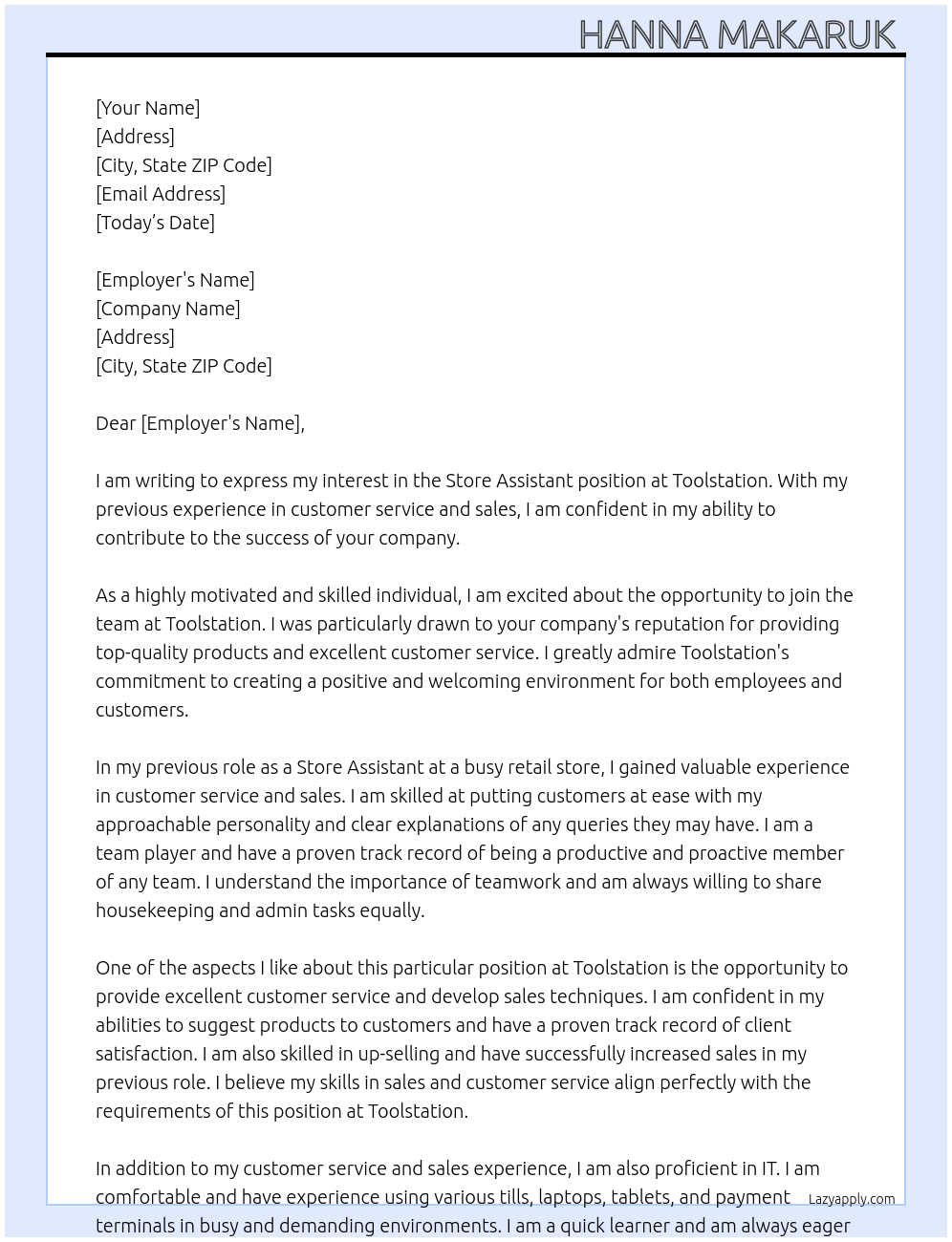 Store assistant At Toolstation Cover Letter