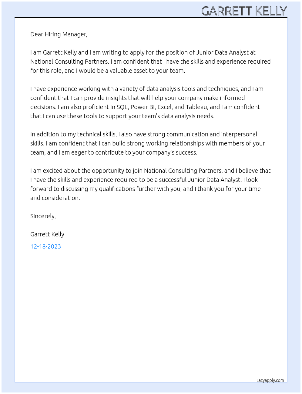 Junior Data Analyst At National Consulting Partners Cover Letter