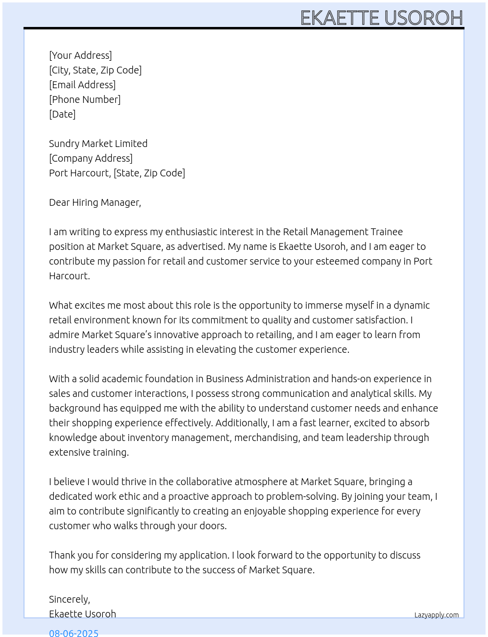 Cover letter for retail management trainee - LazyApply