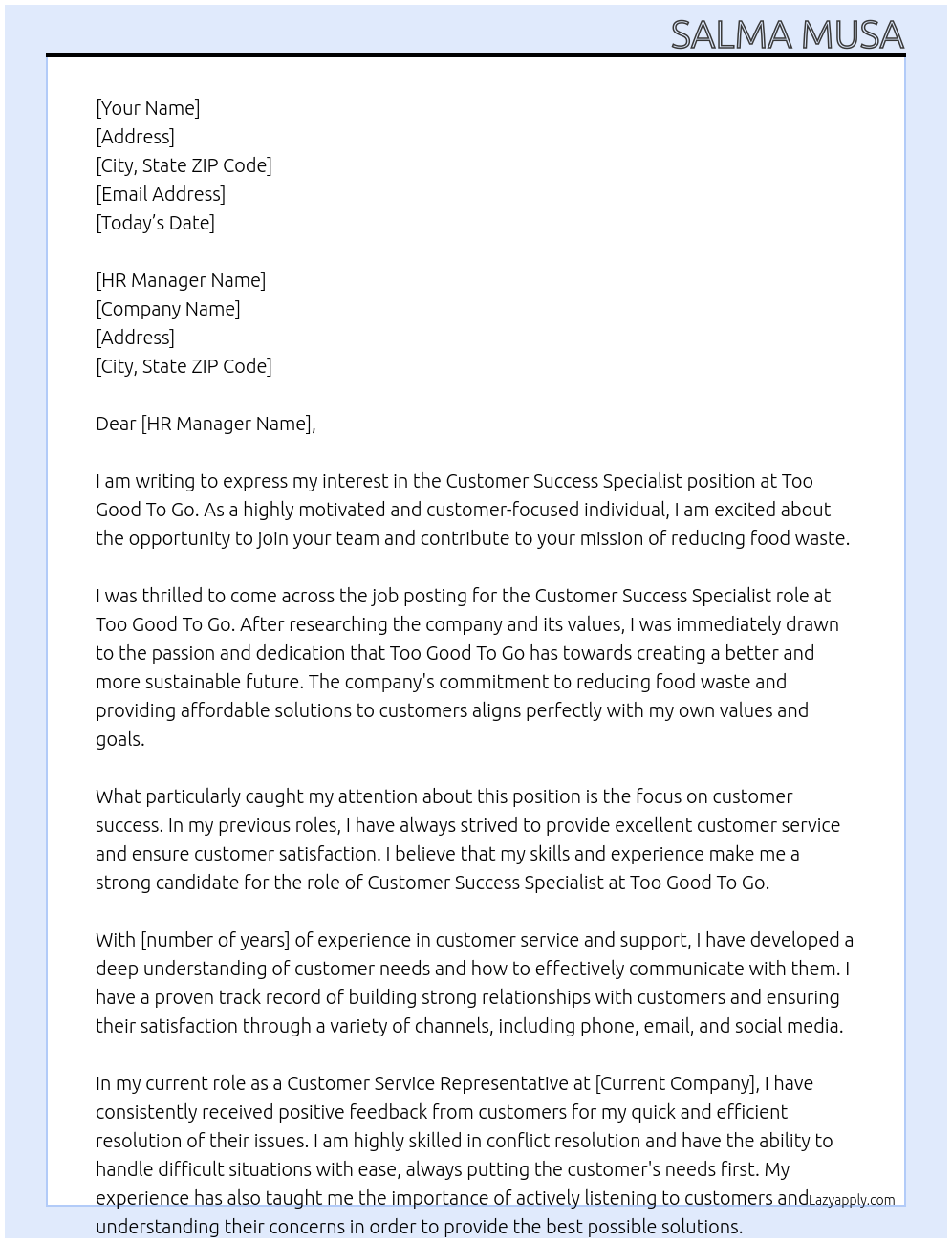 Customer Success Specialist At Too Good To Go Cover Letter