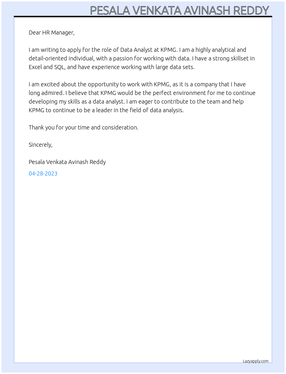 Data Analysis At KPMG Cover Letter