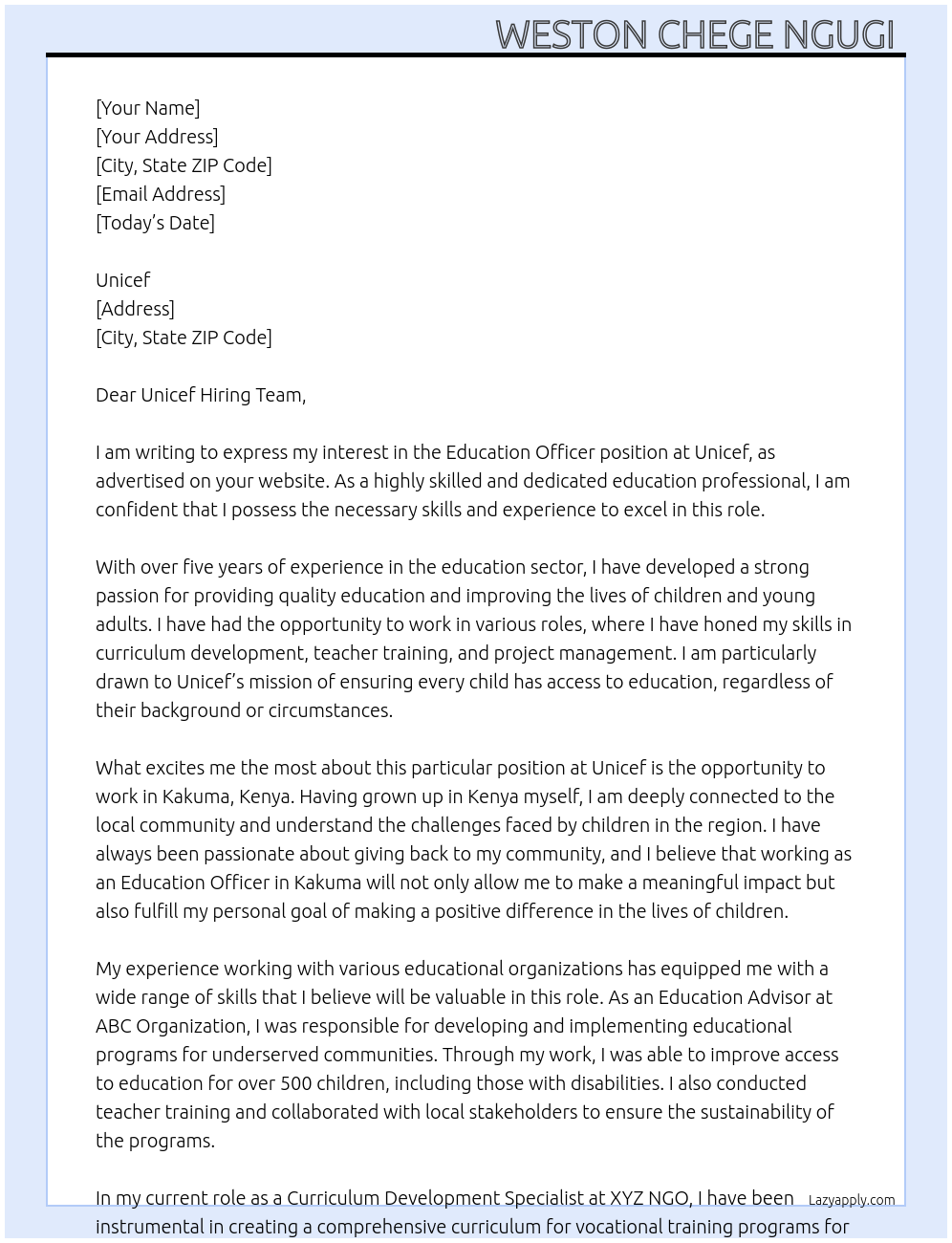 Education officer At Unicef Cover Letter