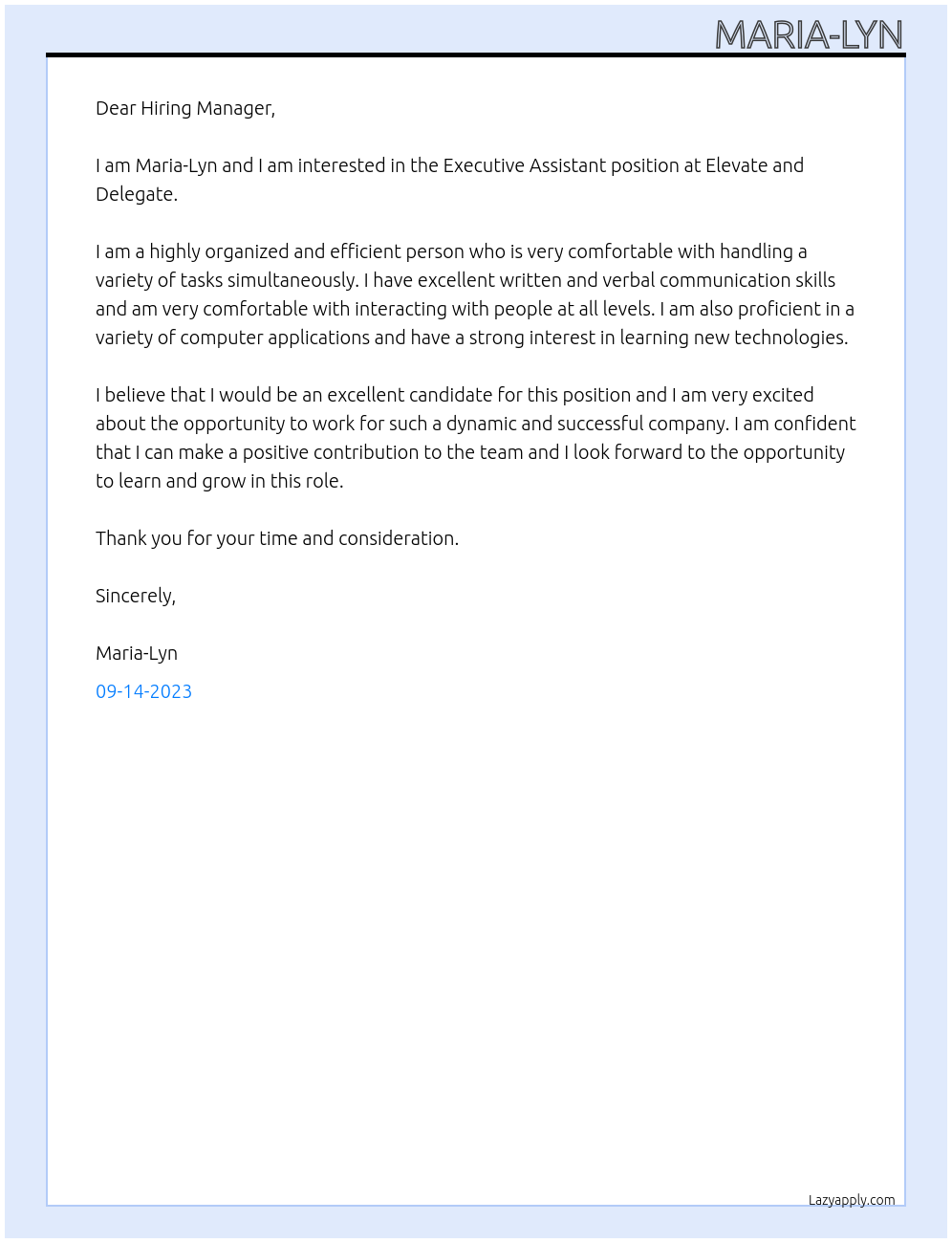 Executive Assitant At Elevate and Delegate Cover Letter