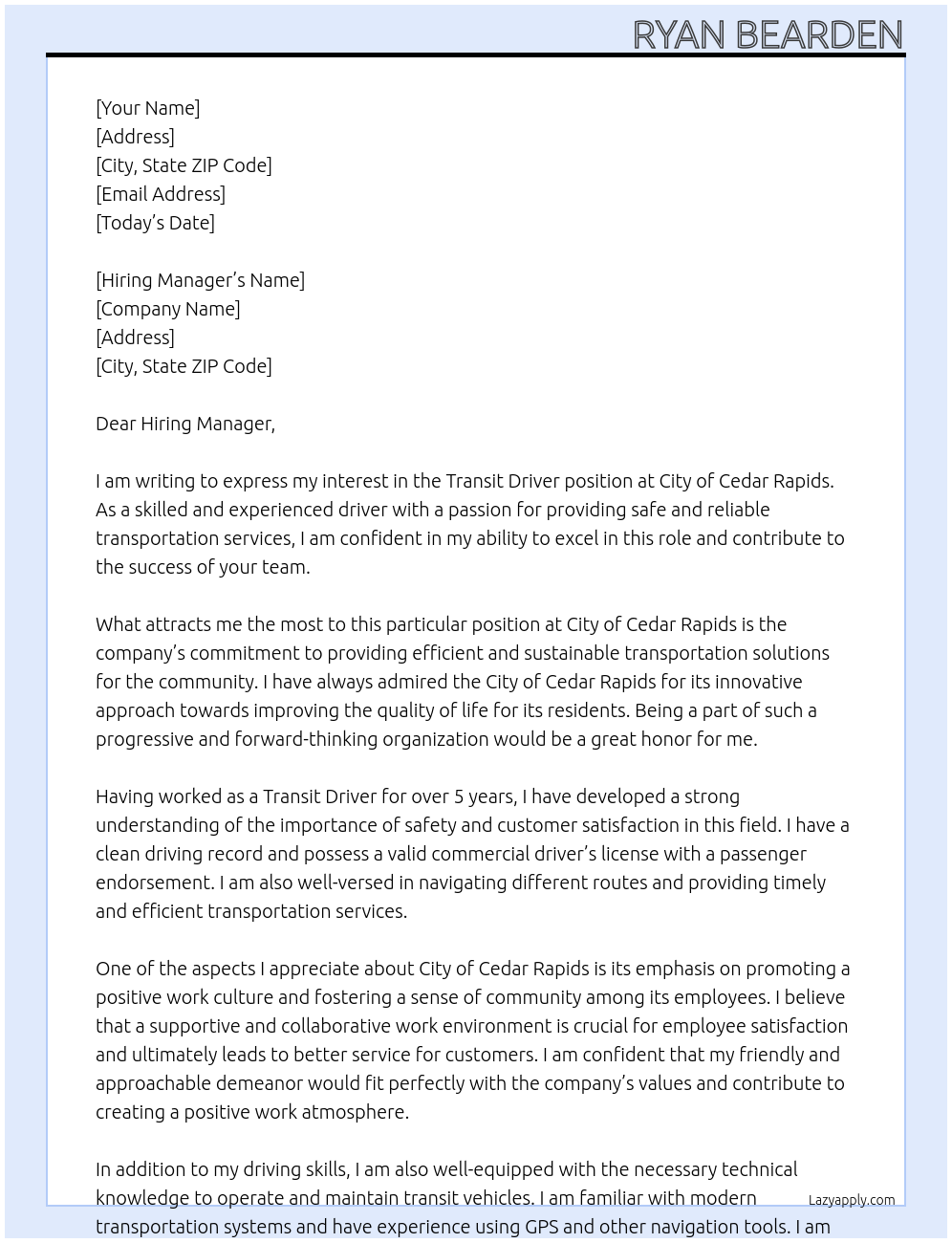 Transit Driver At City of Cedar Rapids Cover Letter