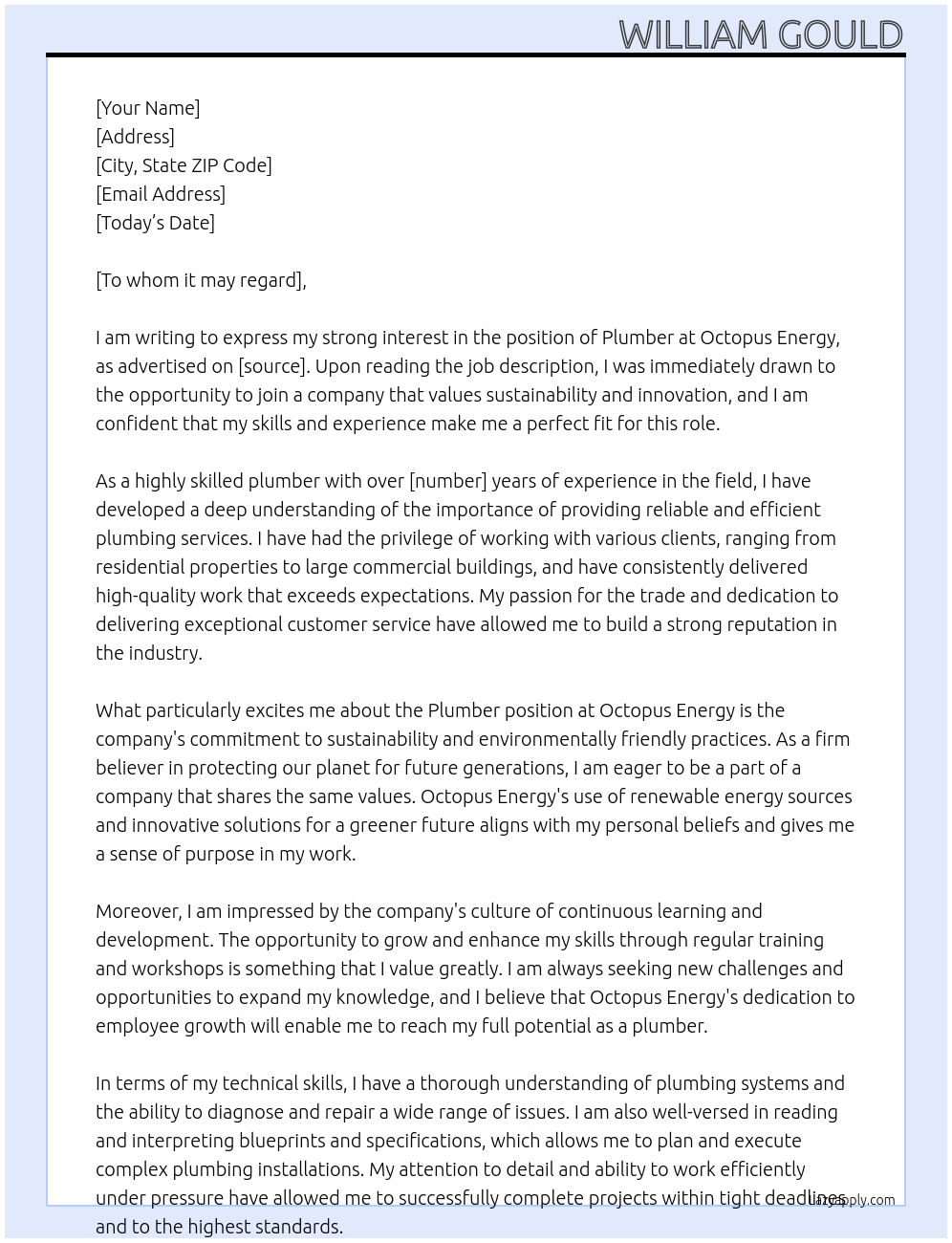Plumber At Octopus Energy Cover Letter