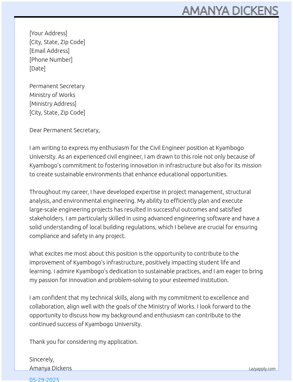 civil engineer At kyambogo university Cover Letter