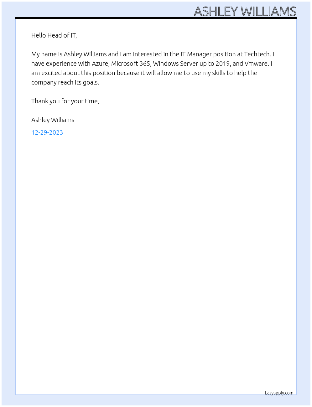 IT Manager At Techtech Cover Letter