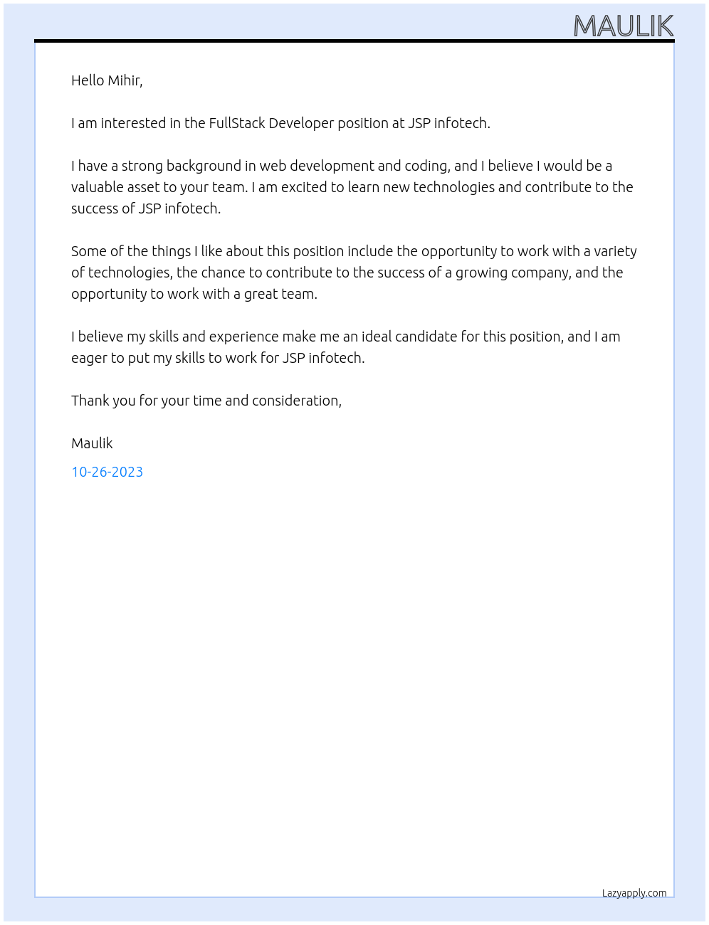 FullStack Developer At JSP infotech Cover Letter