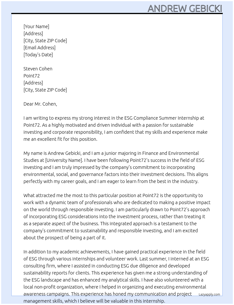 ESG Compliance Summer Internship At Point72 Cover Letter