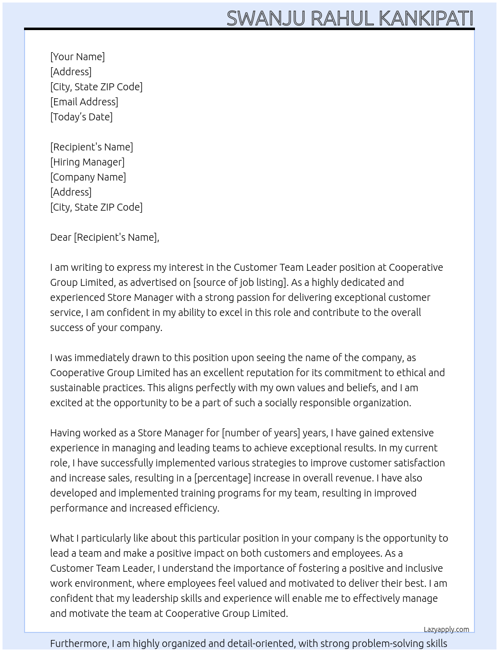 Customer Team Leader At Cooperative Group Limited Cover Letter