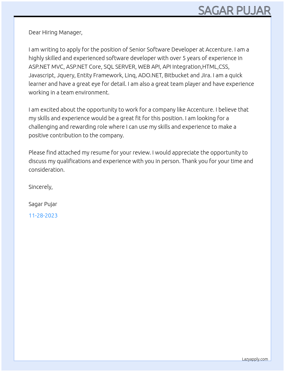 Senior Software Developer At Accenture Cover Letter
