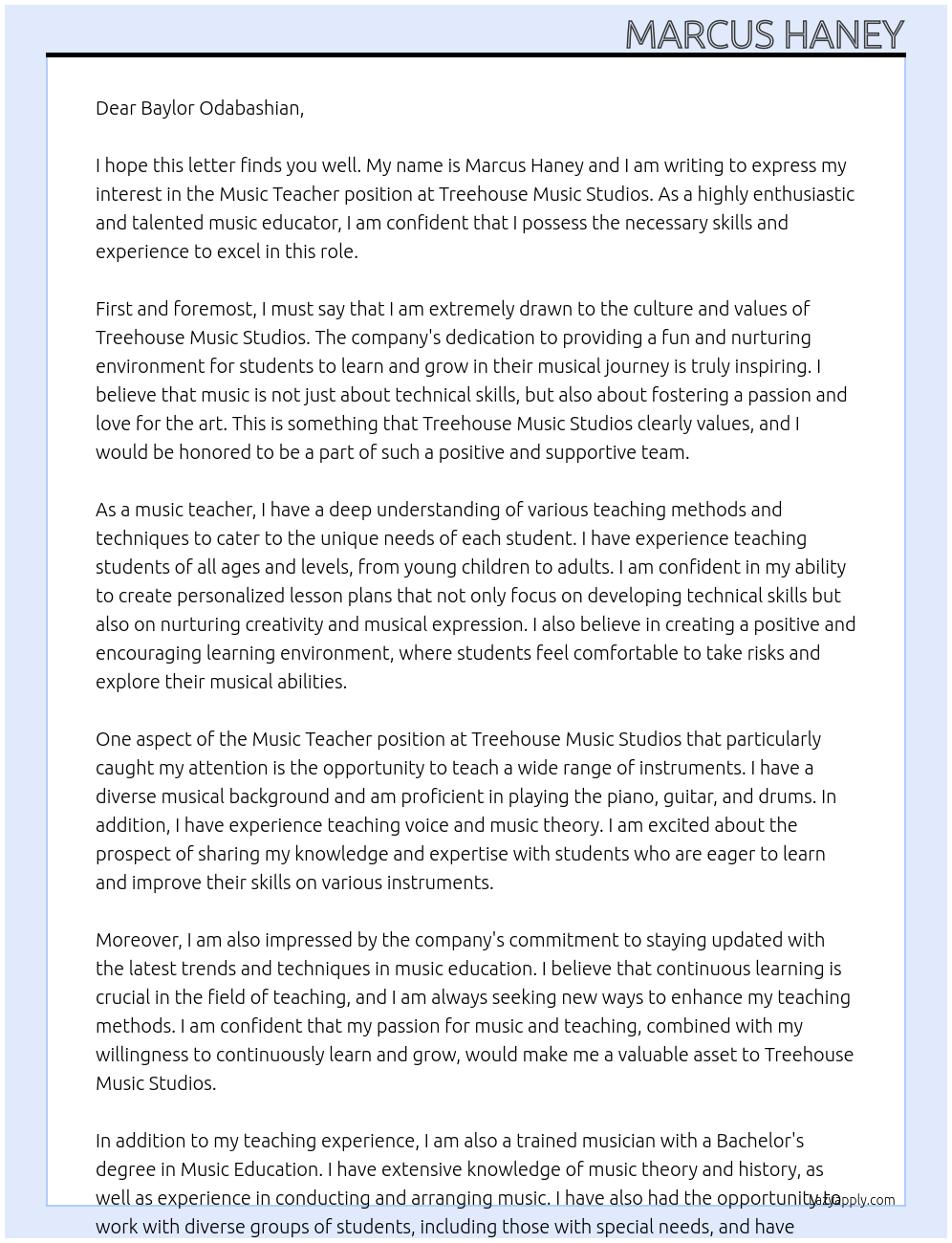 Music Teacher At Treehouse Music Studios Cover Letter