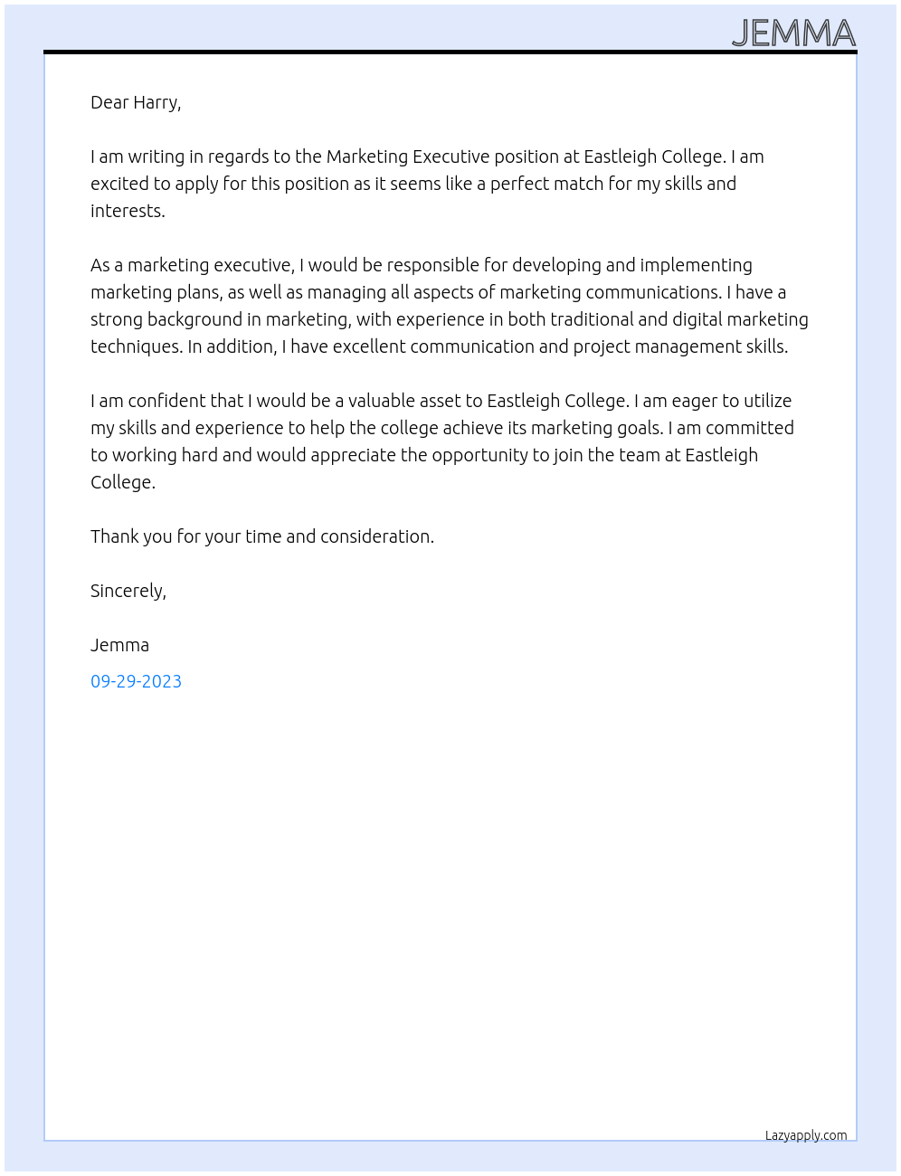 Marketing Executive At Eastleigh College Cover Letter