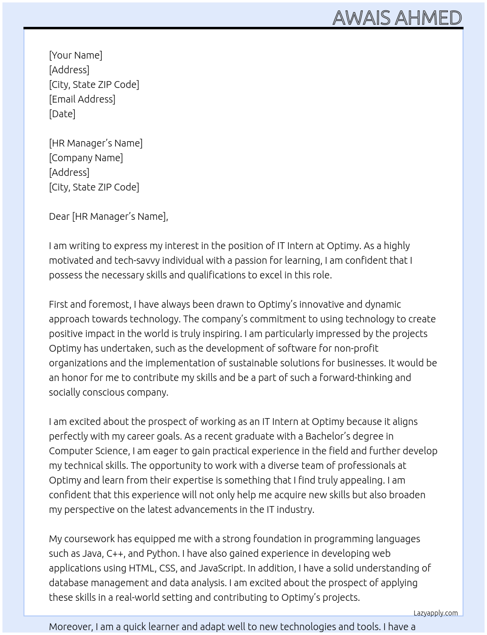 IT intern At Optimy Cover Letter
