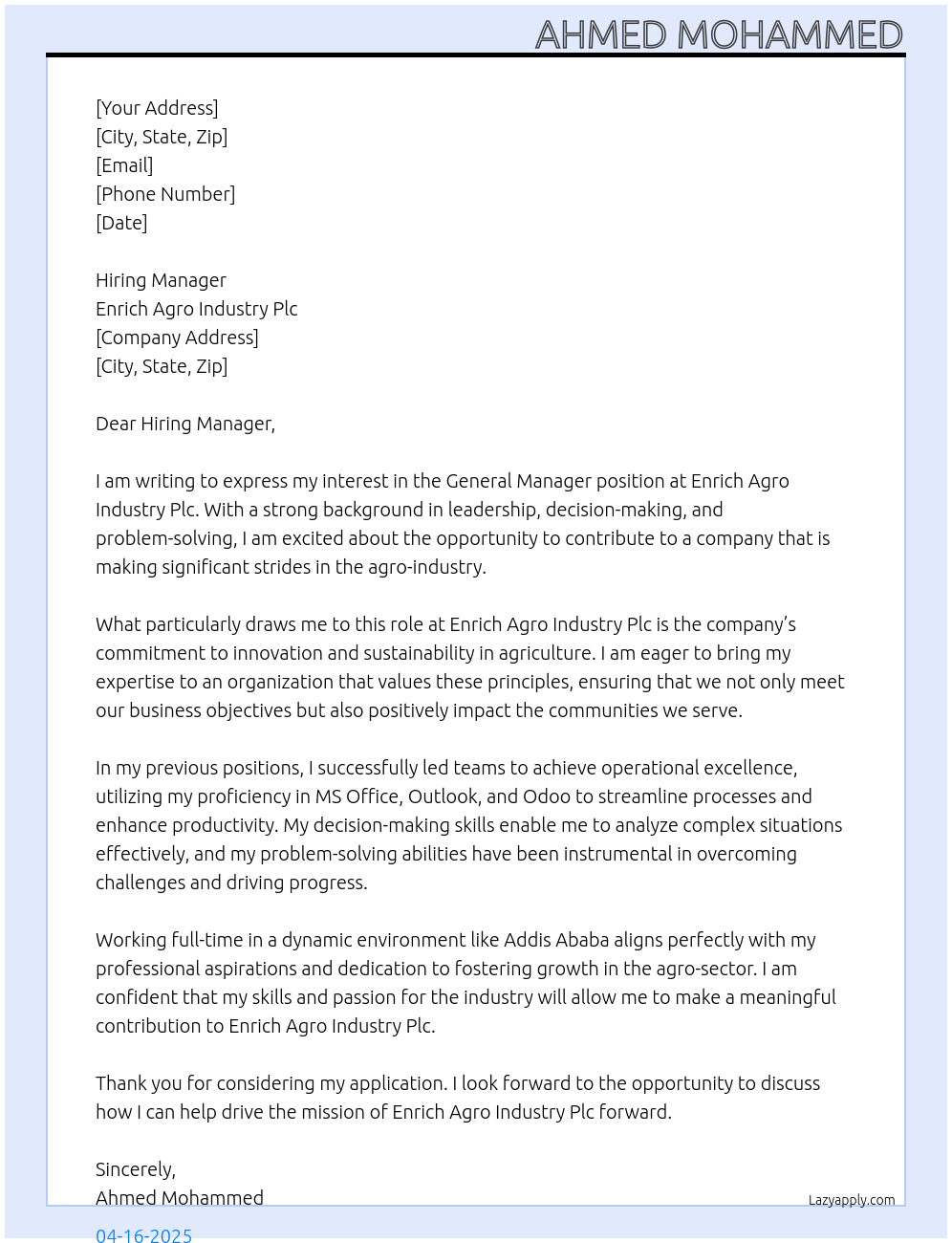 General Manager At Enrich Agro Industry Plc Cover Letter