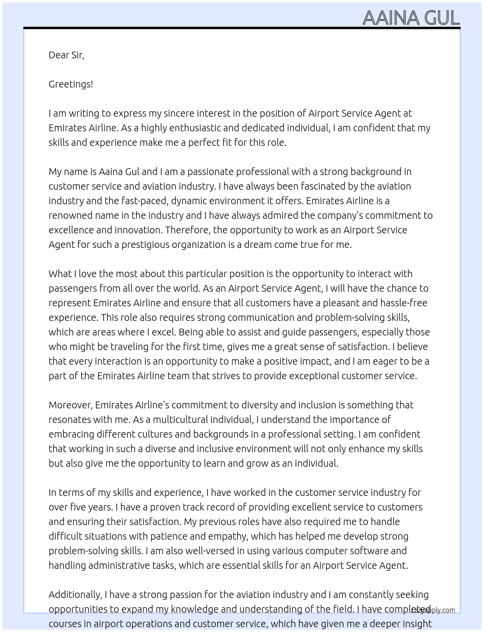 airport service agent At emirate airline Cover Letter