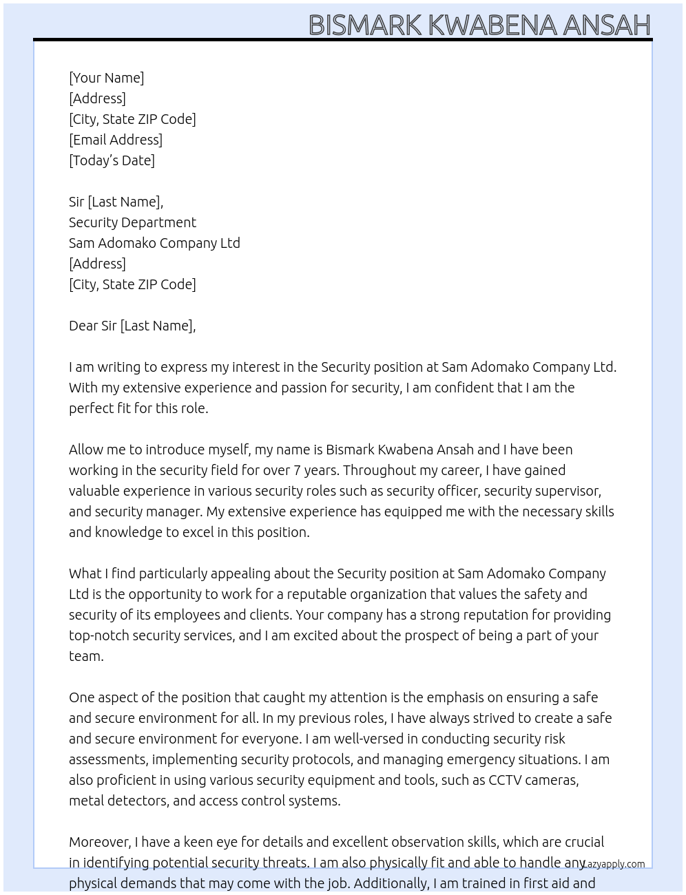 Security  At Sam Adomako Company Ltd Cover Letter