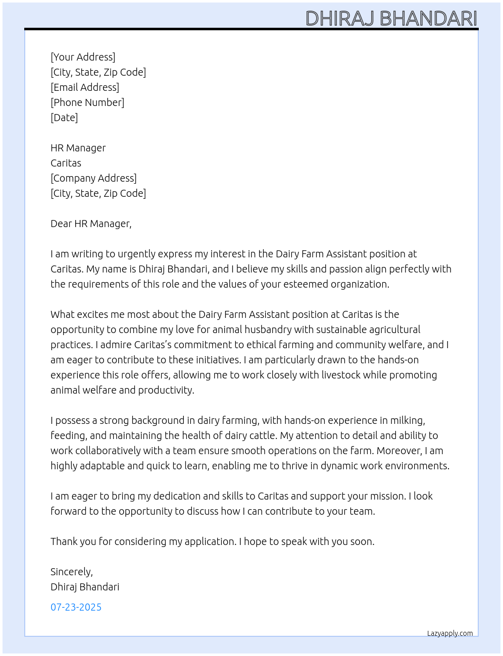 Dairy Farm Assistant At Caritas Cover Letter