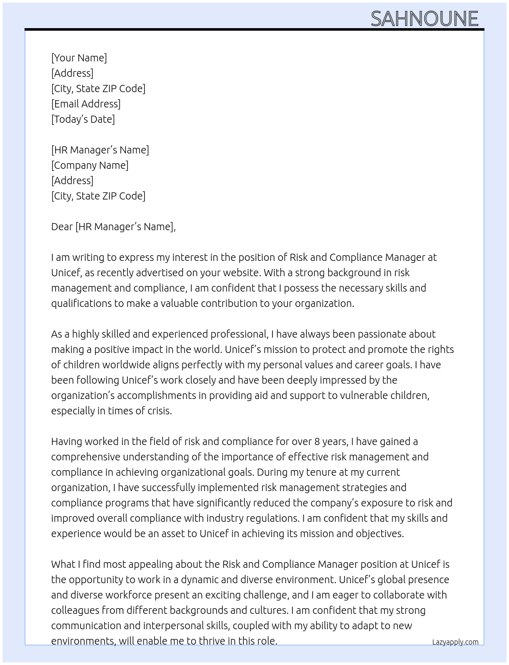 risk and compliance manager At Unicef  Cover Letter