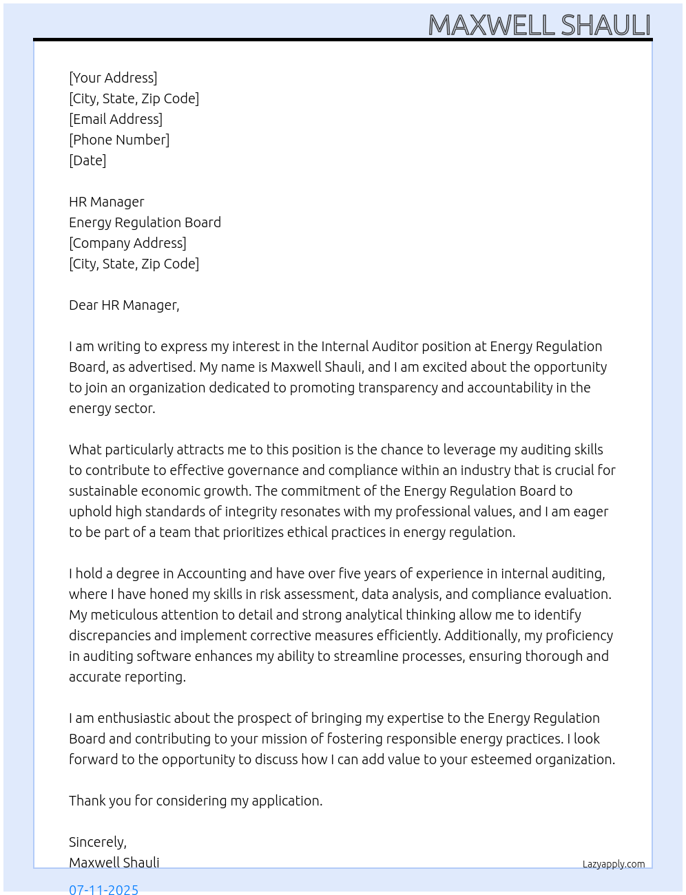 Internal Auditor At Energy Regulation Board Cover Letter