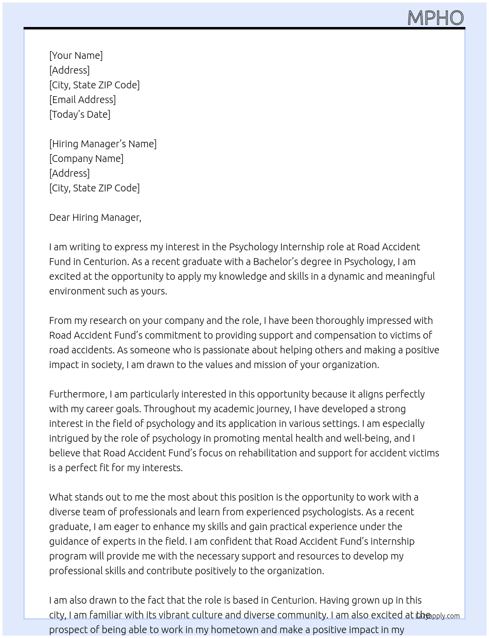 Psychology At Road accident fund Cover Letter